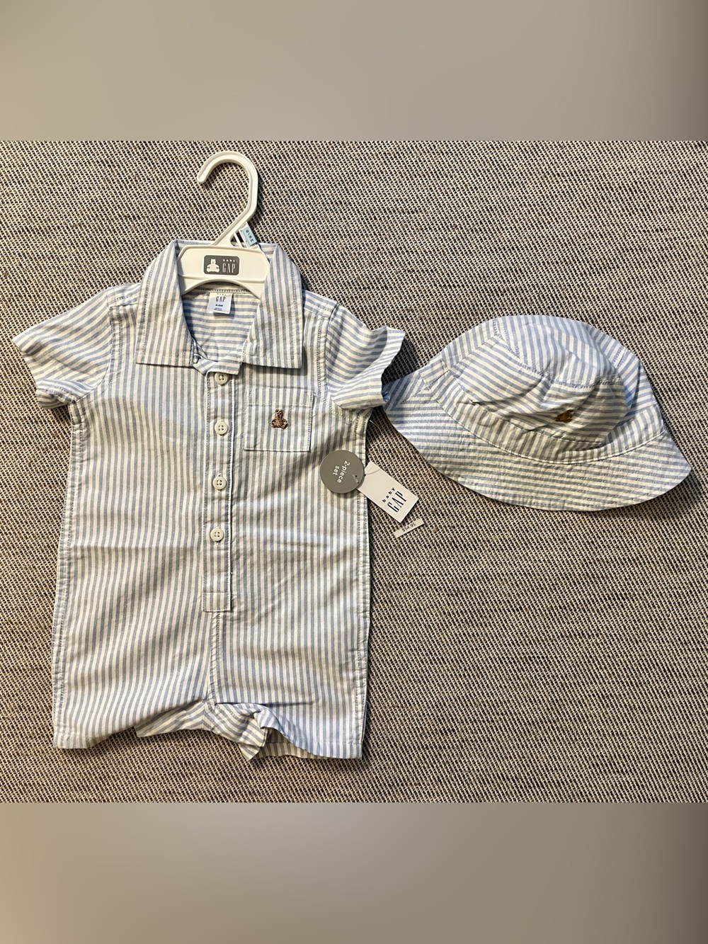 GAP Blue and White Striped Baby Romper with Hat